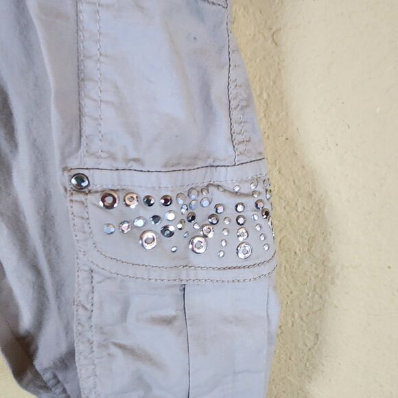 Style Co Cargo‎ Pants Women 14 beige Capri Y2K Hip Hop cargo bling Streetwear - Picture 3 of 11